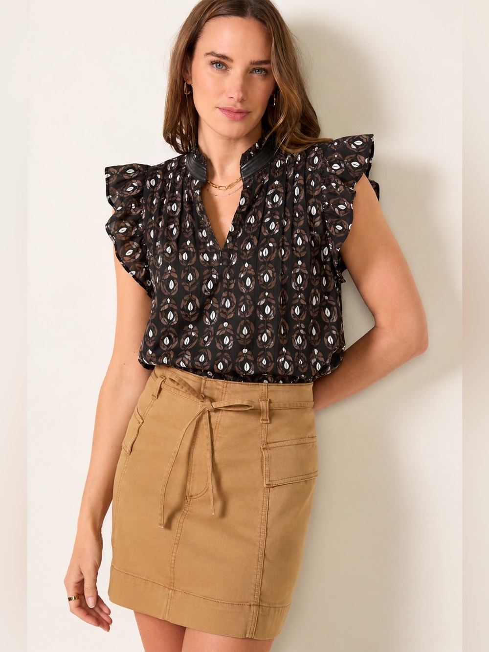Melissa Nepton XL Printed Blouse Faux Leather Trim Ruffle Sleeve Top